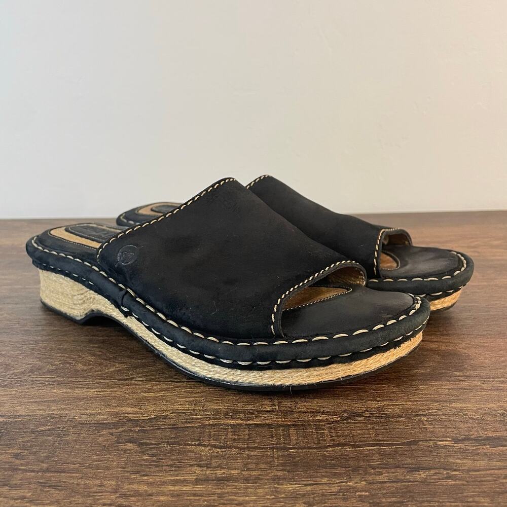 Born Leather Clog Sandals Womens 6 Black Platform Slip On Comfort